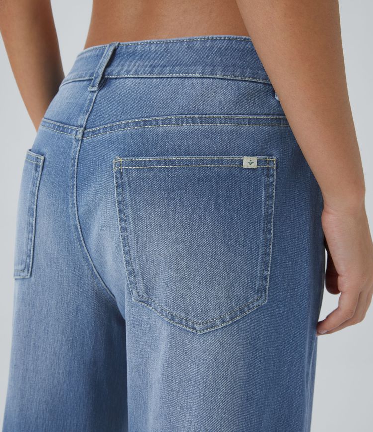 Halara Flex™ Low Rise Zipper Pockets Washed Baggy Wide Leg Casual Jeans