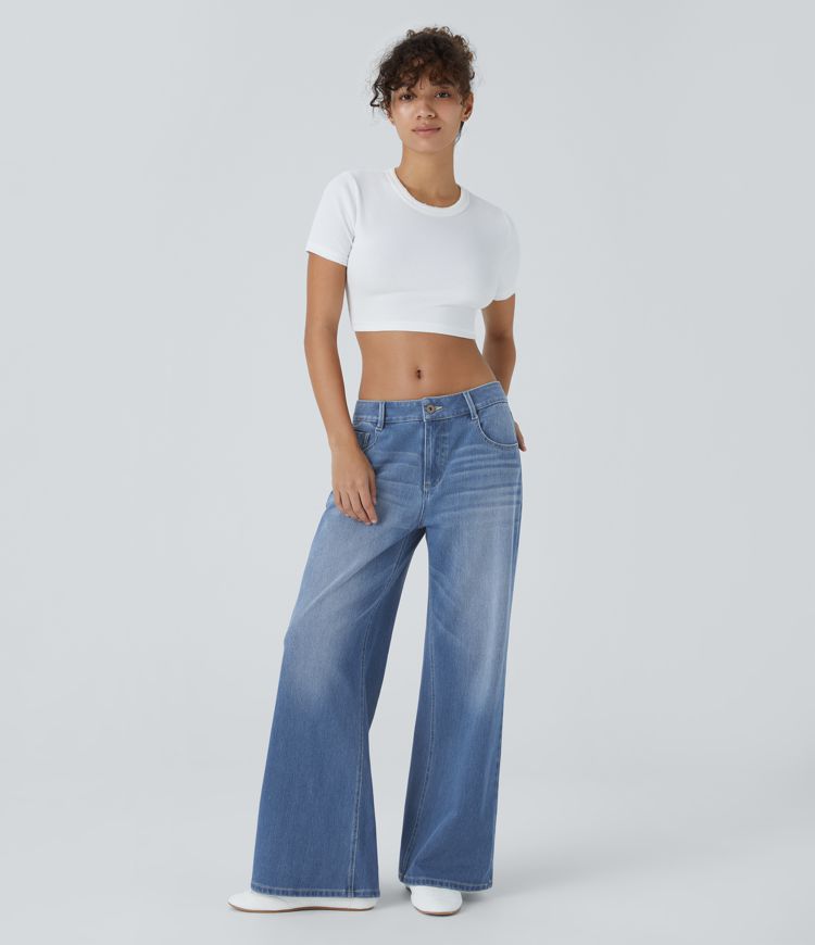 Halara Flex™ Low Rise Zipper Pockets Washed Baggy Wide Leg Casual Jeans