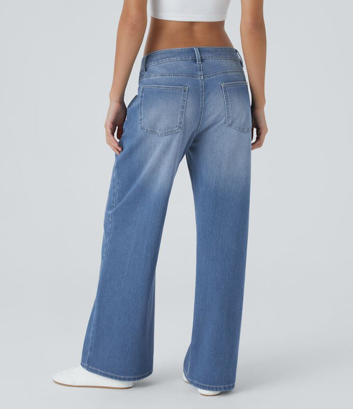 Halara Flex™ Low Rise Zipper Pockets Washed Baggy Wide Leg Casual Jeans