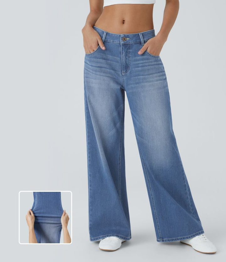 Halara Flex™ Low Rise Zipper Pockets Washed Baggy Wide Leg Casual Jeans