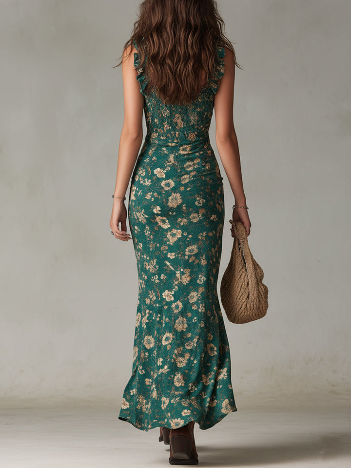 Marilyn | Boho Retro Ruffled Sleeve High Slit Maxi Dress