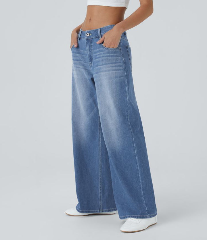 Halara Flex™ Low Rise Zipper Pockets Washed Baggy Wide Leg Casual Jeans